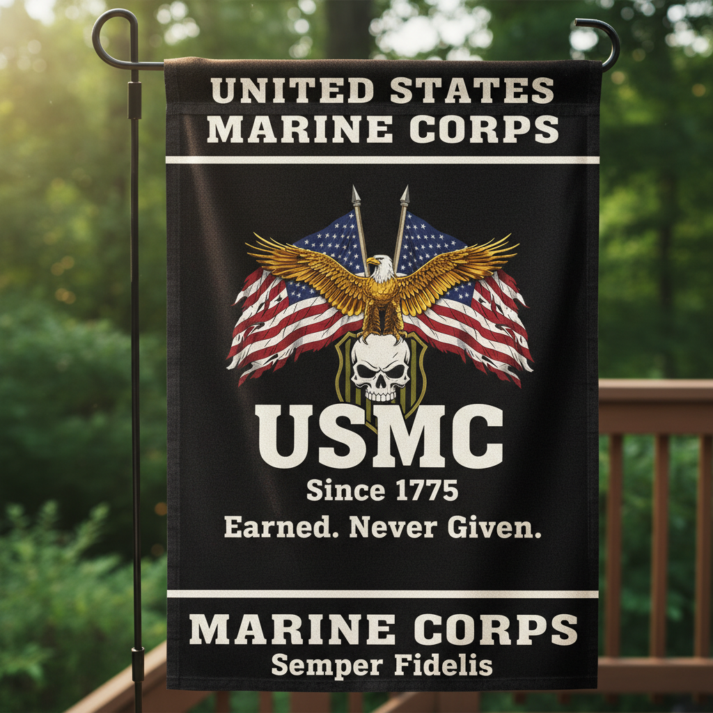 Custom US Marine Corps Eagle & Skull Garden Flag - Earned Never Given