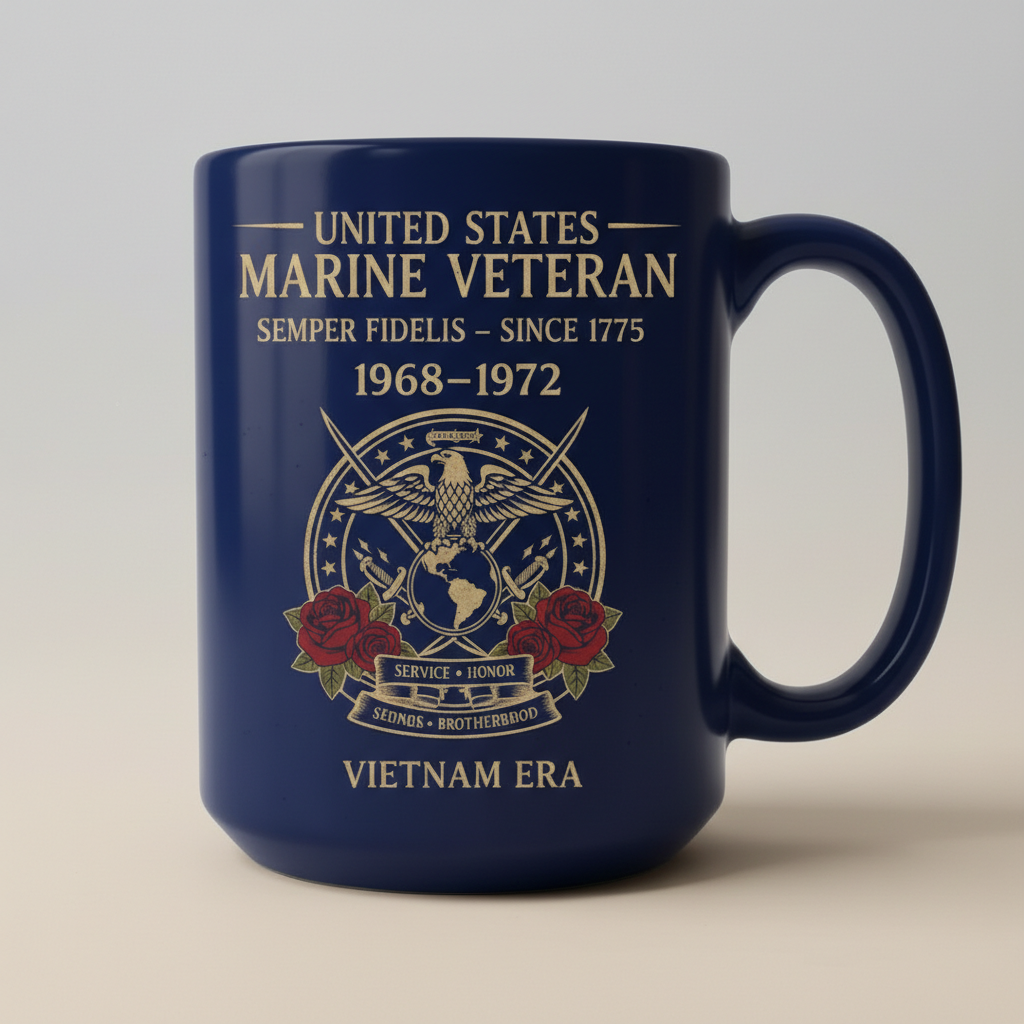 Personalized US Marine Veteran Blue Mug - Custom Vietnam Era Crossed Swords & Roses Coffee Cup