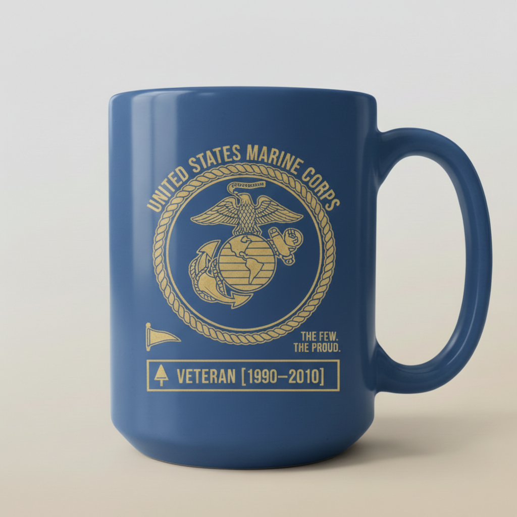 Personalized USMC Pennant Flag Mug - Custom Service Years Marine Cup - Proud Veteran Nameplate Gift
