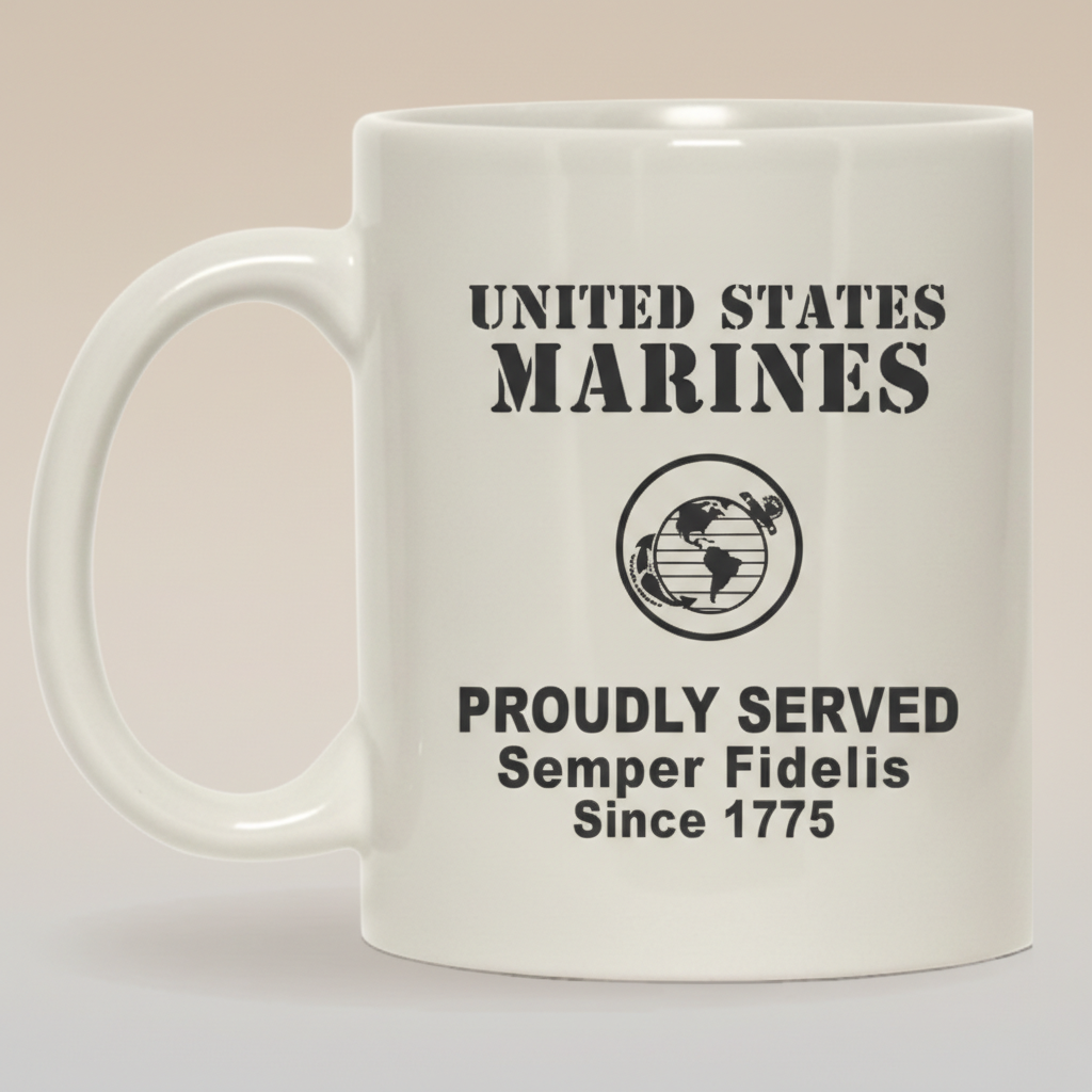 Personalized Minimalist US Marines White Mug - Custom "Proudly Served" Stencil Cup - Semper Fidelis Veteran Gift
