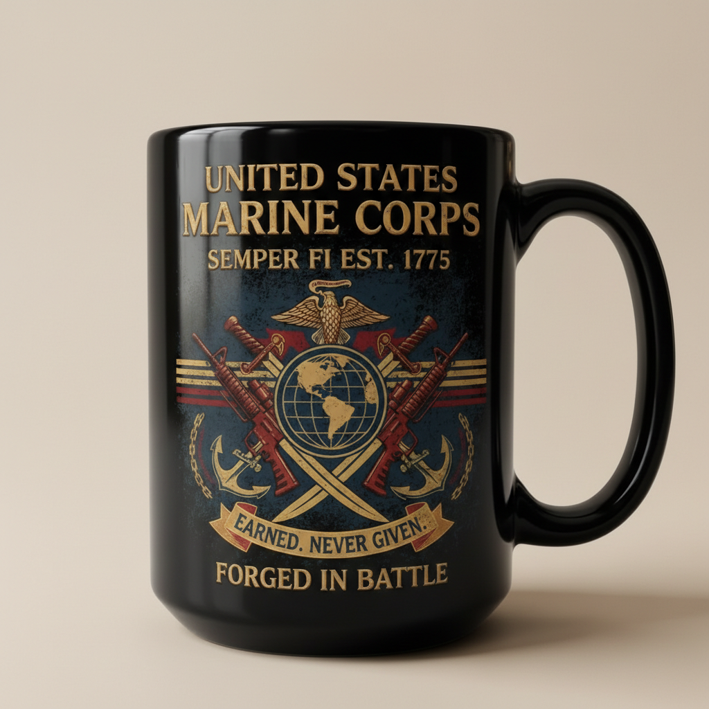 Personalized USMC "Forged In Battle" Black Mug - Custom Crossed Rifles Marine Veteran Cup - Earned Never Given Gift