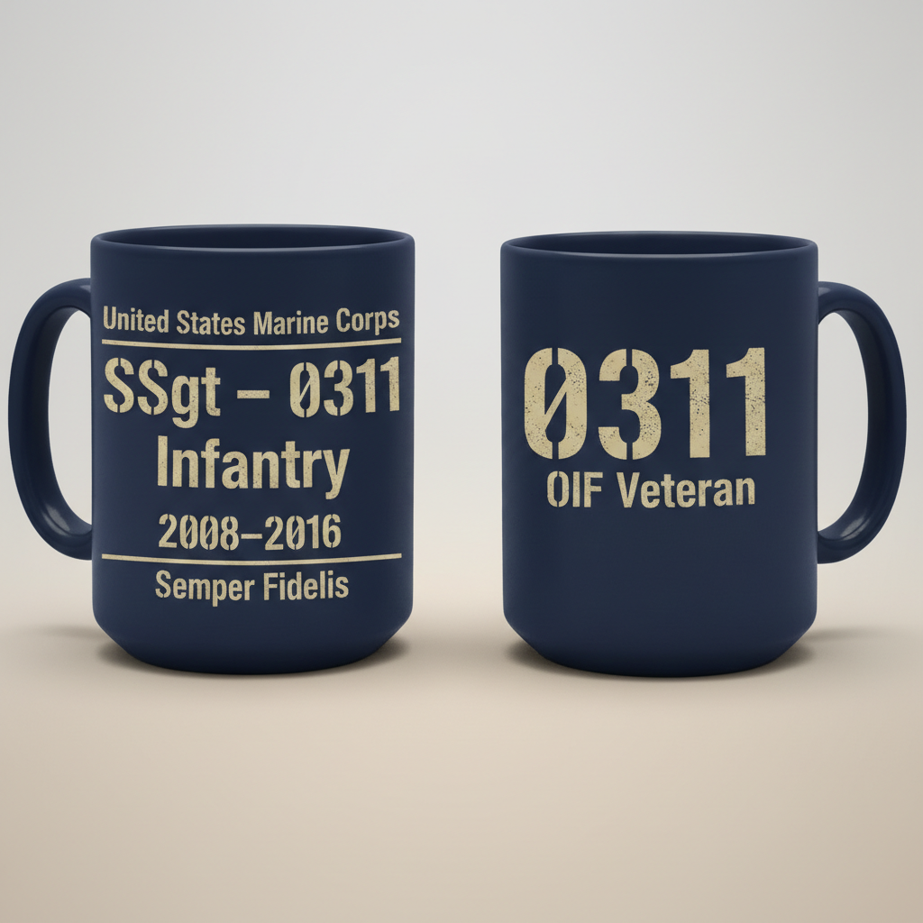 Personalized Two-Sided USMC Stencil Mug - Custom MOS & Rank Marine Veteran Cup - OIF / OEF Service Gift