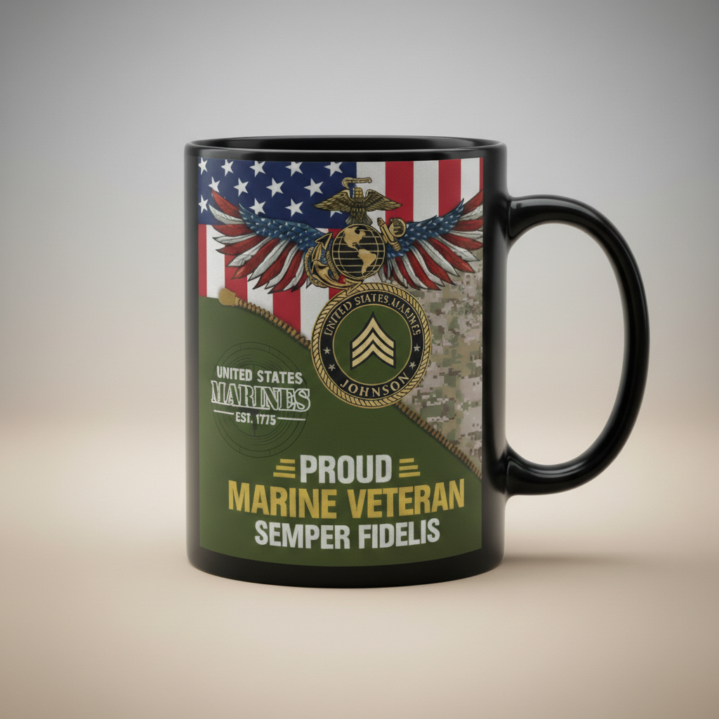 Personalized USMC Unzipped Camo Mug - Custom Name & Rank Marine Patch Cup - Proud Veteran Flag Gift