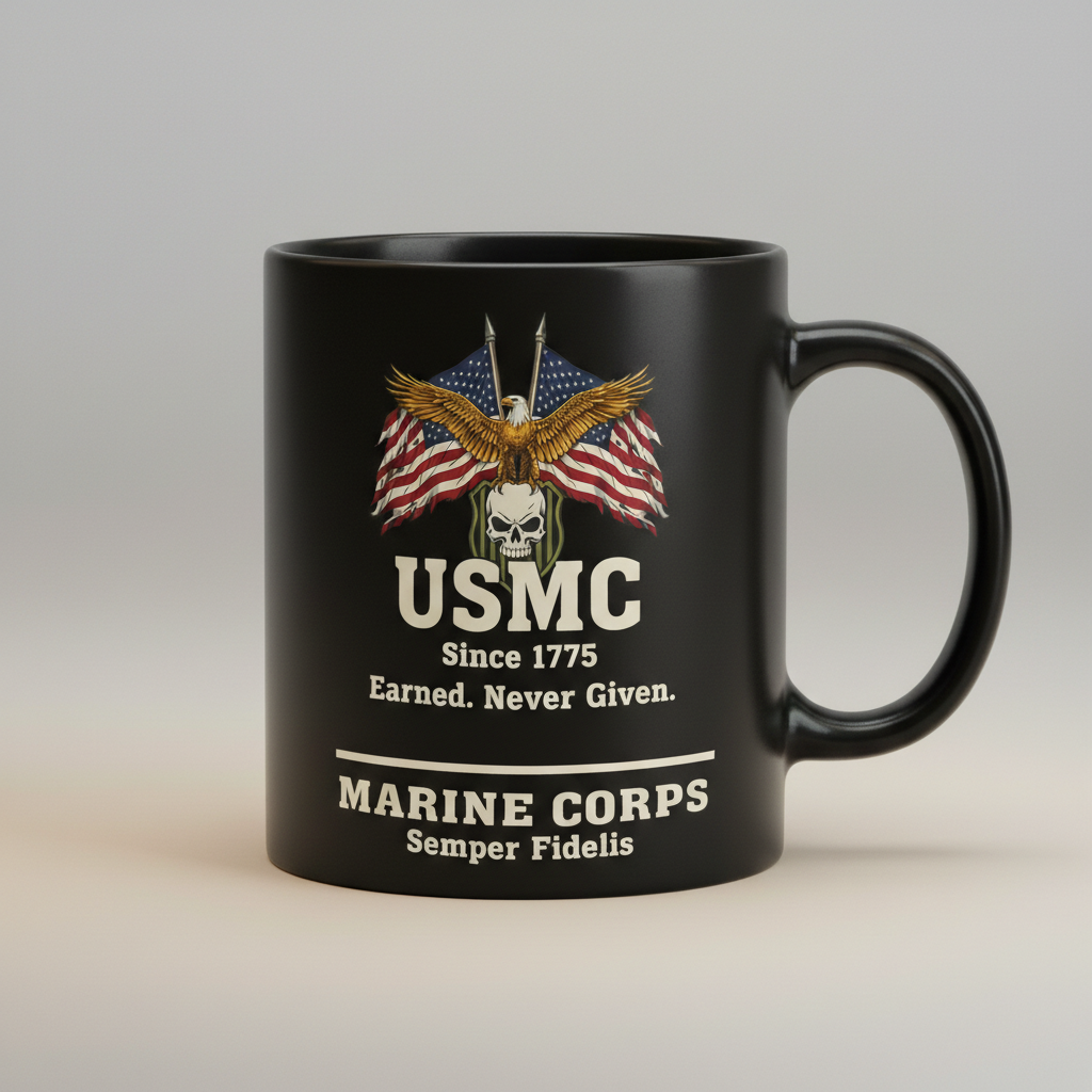 Personalized USMC Skull & Flags Black Mug - Custom "Earned Never Given" Marine Cup - Badass Veteran Gift