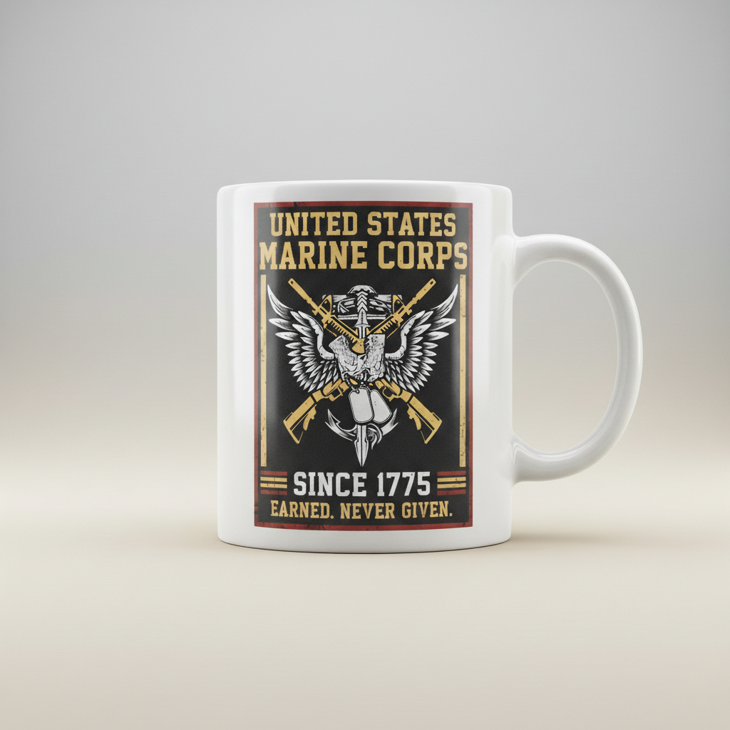 Personalized USMC Rifles & Dog Tags Mug - Custom "Earned Never Given" Marine Cup - Veteran Gift