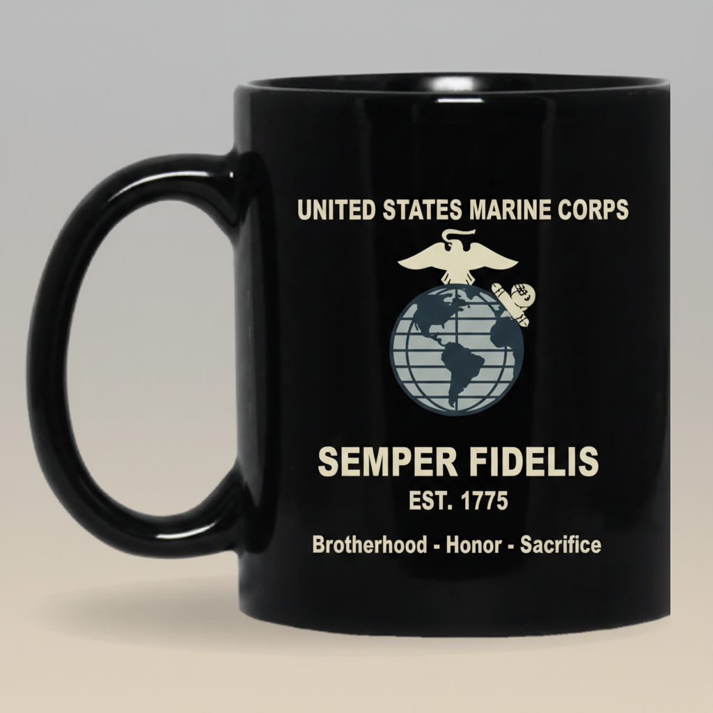 Personalized USMC Semper Fidelis Black Mug - Custom Classic EGA Marine Cup - Brotherhood Honor Sacrifice Gift