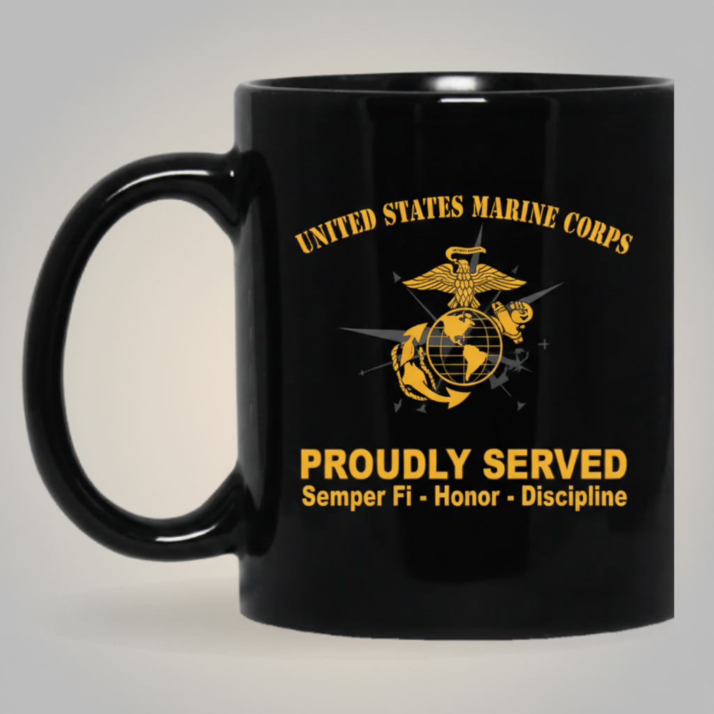 Personalized USMC "Proudly Served" Black Mug - Custom Compass EGA Marine Veteran Cup - Honor Discipline Gift
