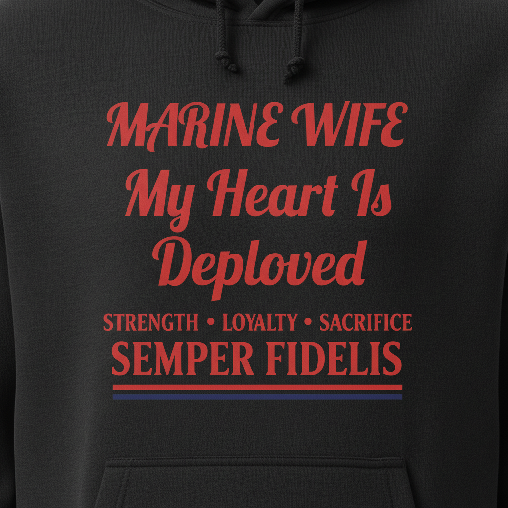 Marine Wife Hoodie - My Heart Is Deployed Sweatshirt - Semper Fidelis Military Spouse Gift - USMC Strength Loyalty Sacrifice Pullover.