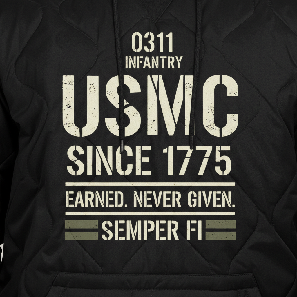 USMC Since 1775 Marine Veteran Hoodie - Heavyweight Quilted Tactical Pullover