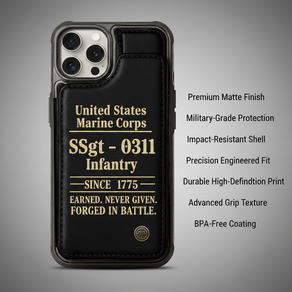 Custom USMC Rank & MOS Leather Phone Case - Personalized Marine Corps Infantry Gift
