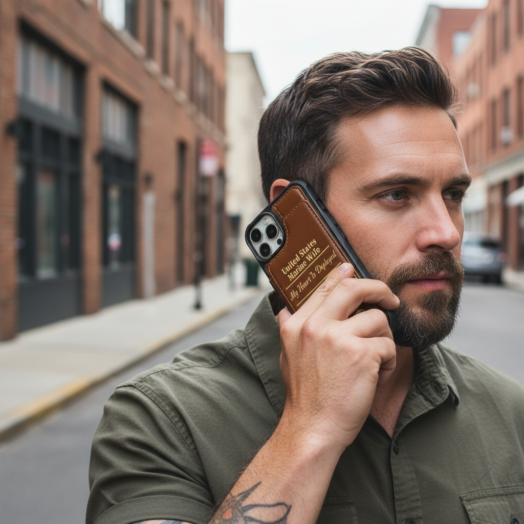 United States Marine Wife Custom Leather Phone Case - "My Heart Is Deployed" Edition