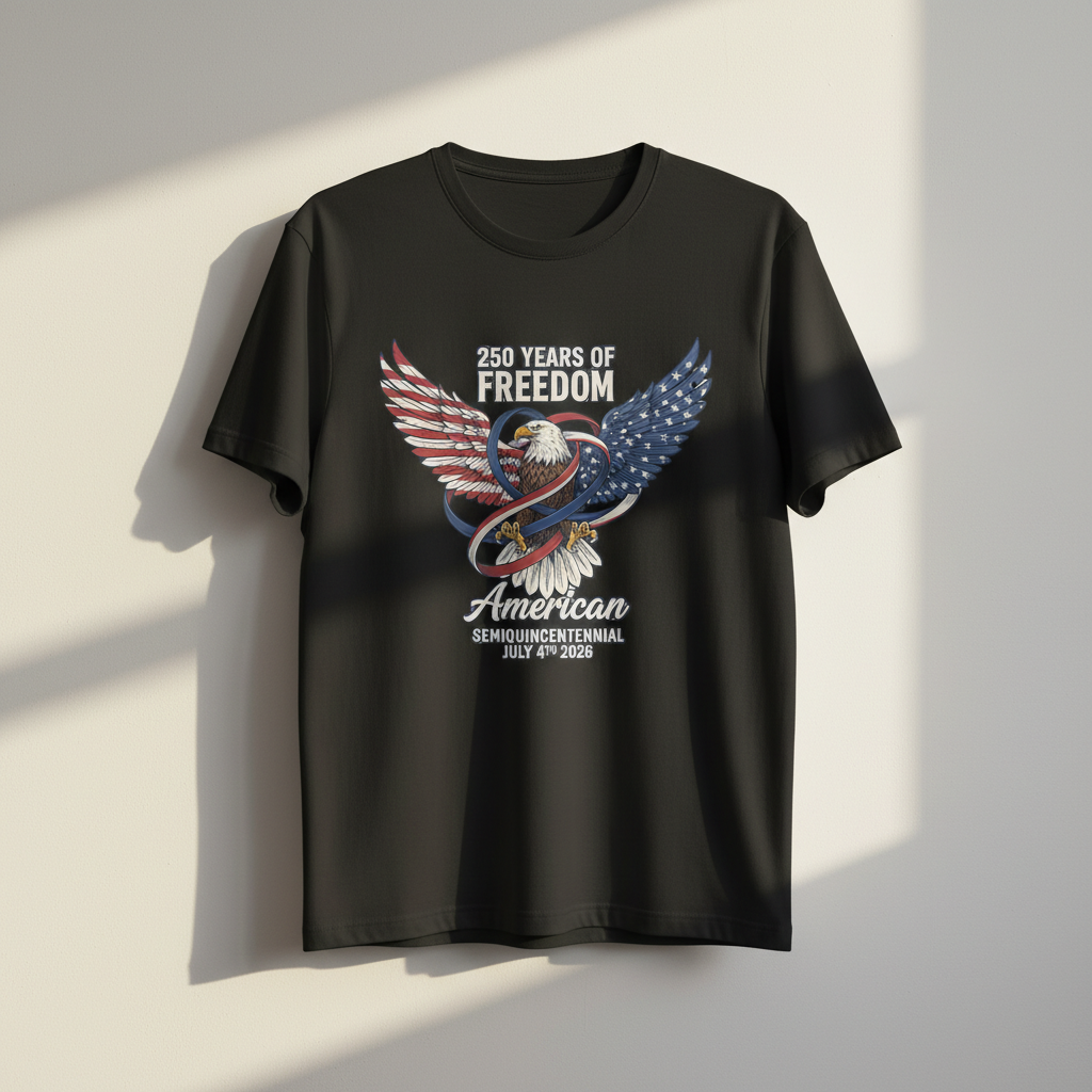 250 Years of Freedom — The Semiquincentennial Emblem of American Independence, Unity, and the Ever-Soaring Spirit of Liberty (July 4th, 1776–2026) T-Shirt