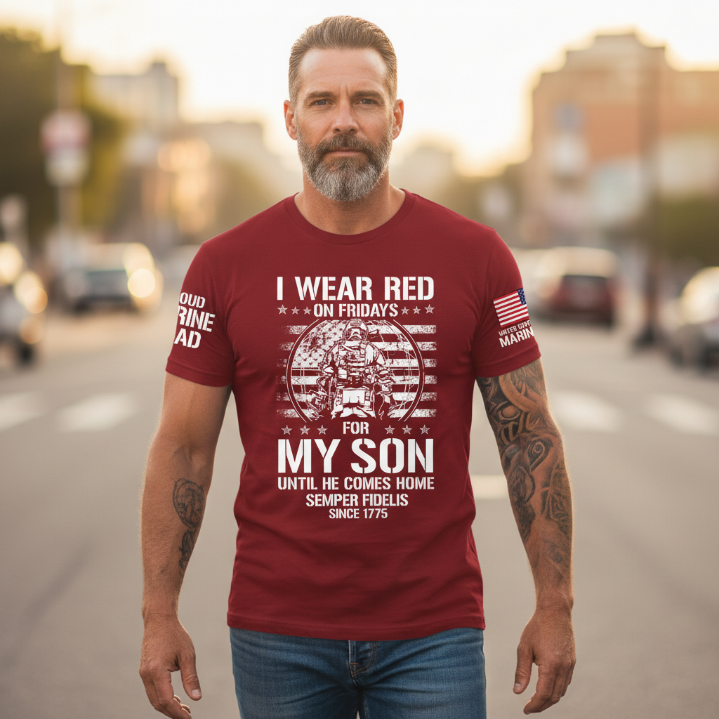 "I Wear Red On Fridays For My Son" Proud Marine Dad Tee