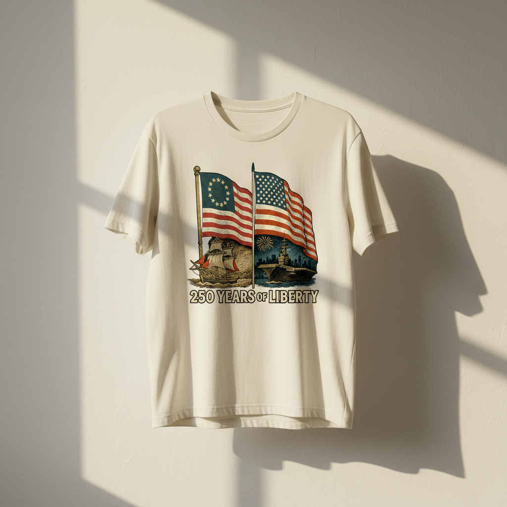 250 Years of Liberty — From the First Flag of Independence to the Strength of a Modern Nation (1776–2026) T-Shirt