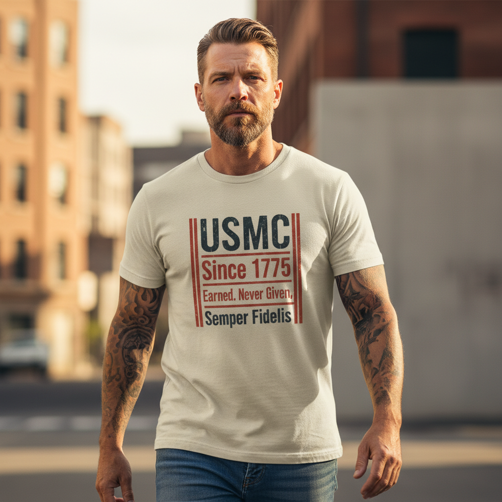 Vintage USMC Marines T-Shirt - Semper Fi, 1775, Earned Never Given - Patriotic Military Men's Shirt
