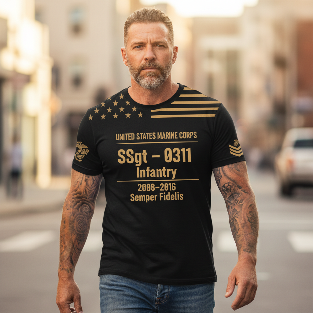 "Semper Fidelis" USMC 0311 Infantry SSgt Combat Veteran Gold Accent Tee