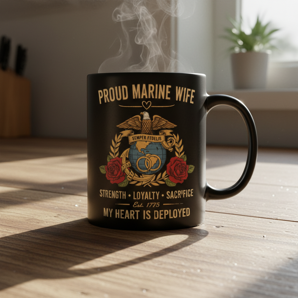 Personalized Proud Marine Wife Mug - Custom "My Heart Is Deployed" Wedding Rings Cup - Military Spouse Gift