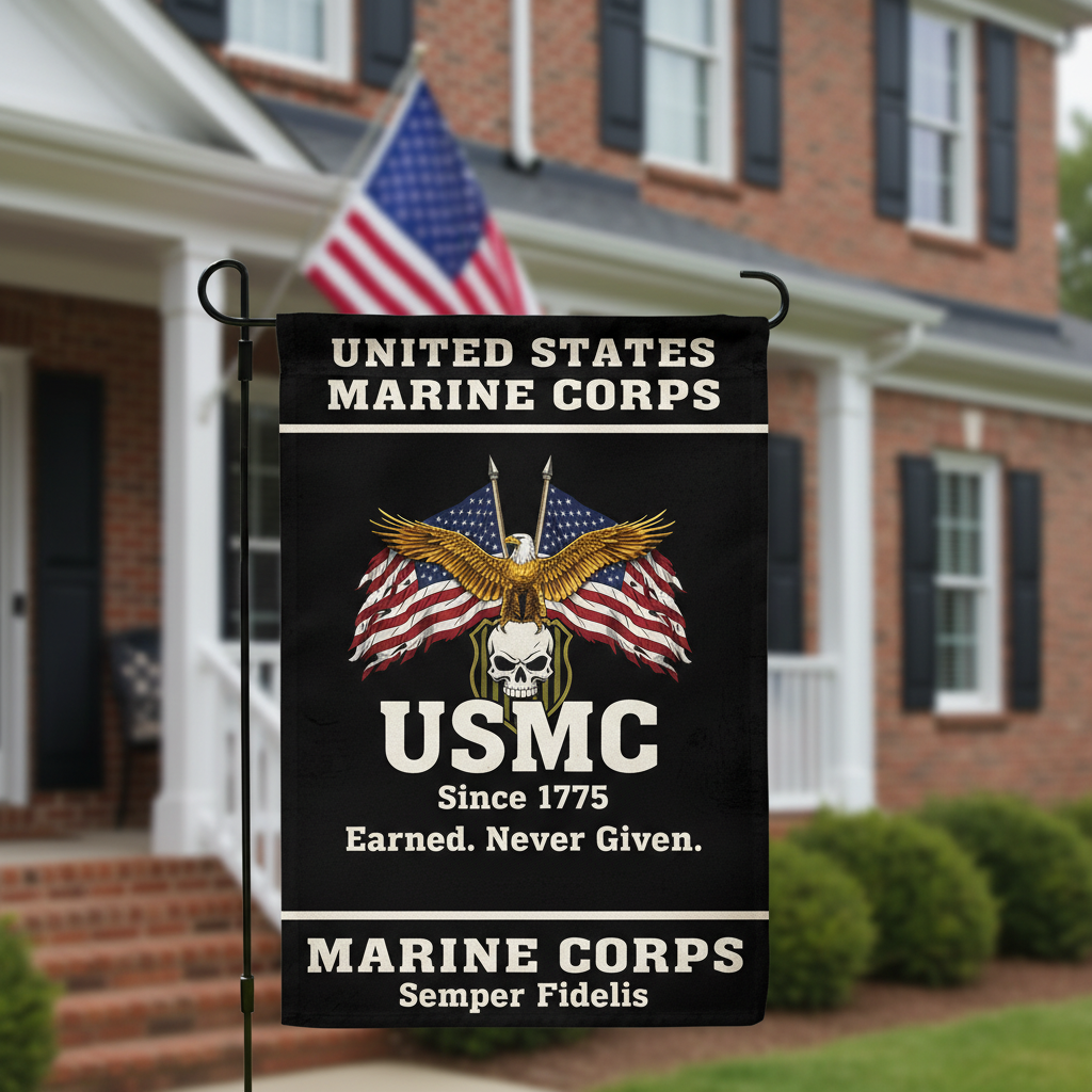 Custom US Marine Corps Eagle & Skull Garden Flag - Earned Never Given