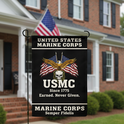 Custom US Marine Corps Eagle & Skull Garden Flag - Earned Never Given