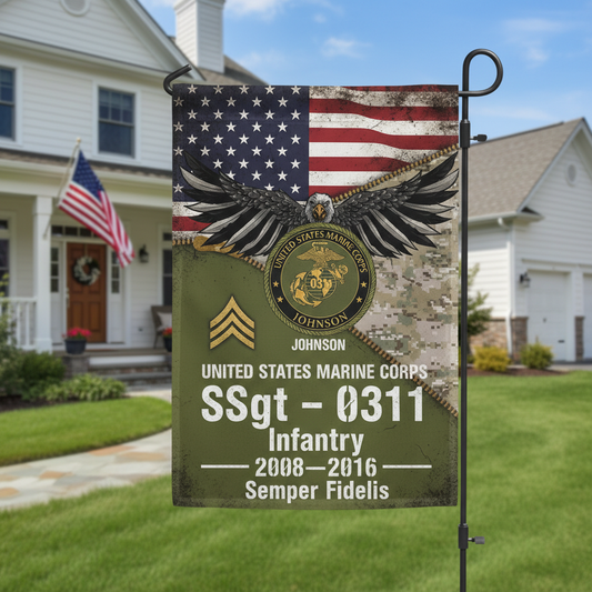 Personalized USMC Eagle & Stripes Garden Flag - Proud Marine Legacy