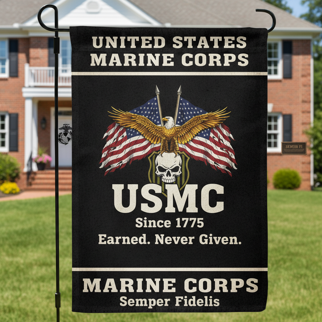 Custom US Marine Corps Eagle & Skull Garden Flag - Earned Never Given