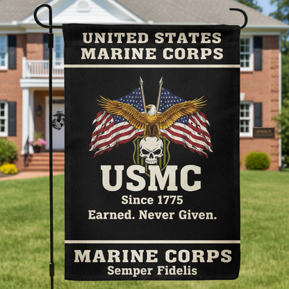 Custom US Marine Corps Eagle & Skull Garden Flag - Earned Never Given