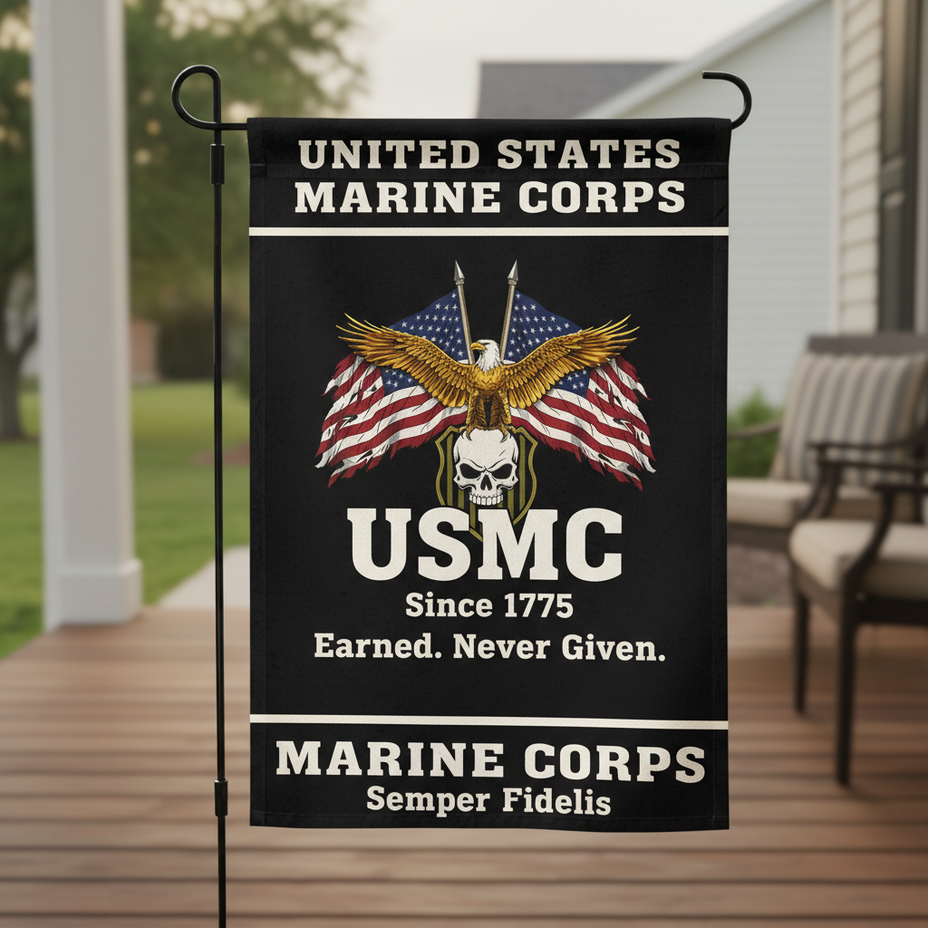 Custom US Marine Corps Eagle & Skull Garden Flag - Earned Never Given
