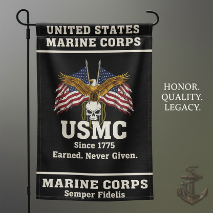 Custom US Marine Corps Eagle & Skull Garden Flag - Earned Never Given