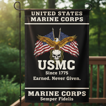 Custom US Marine Corps Eagle & Skull Garden Flag - Earned Never Given