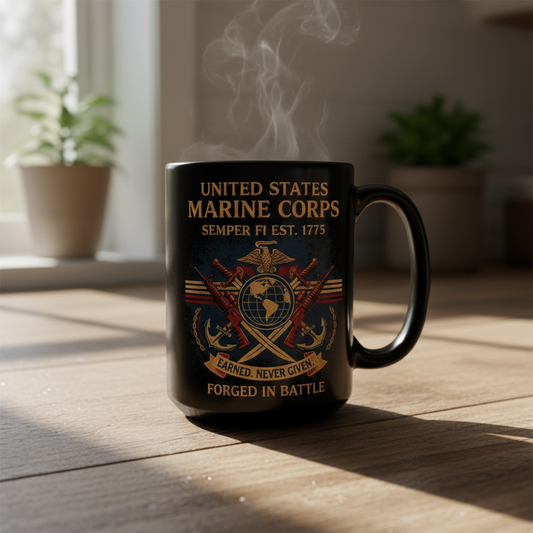 Personalized USMC "Forged In Battle" Black Mug - Custom Crossed Rifles Marine Veteran Cup - Earned Never Given Gift