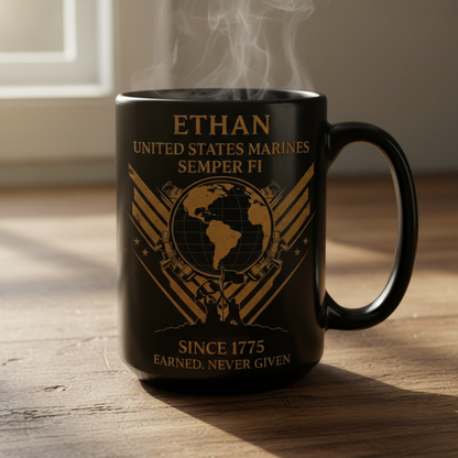 Personalized USMC Iwo Jima Black Mug - Custom Name Marine Veteran Cup - "Earned Never Given" Gift