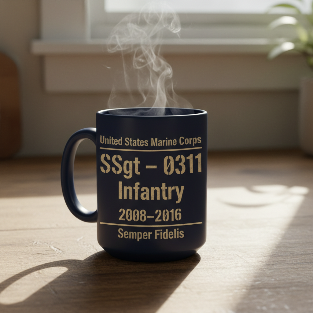 Personalized Two-Sided USMC Stencil Mug - Custom MOS & Rank Marine Veteran Cup - OIF / OEF Service Gift