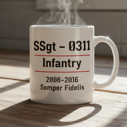 Personalized USMC Rank and MOS White Mug - Custom Marine Service Record Cup - Minimalist Veteran Gift