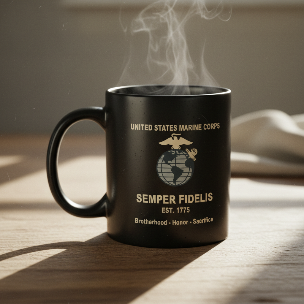 Personalized USMC Semper Fidelis Black Mug - Custom Classic EGA Marine Cup - Brotherhood Honor Sacrifice Gift