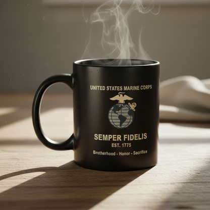 Personalized USMC Semper Fidelis Black Mug - Custom Classic EGA Marine Cup - Brotherhood Honor Sacrifice Gift