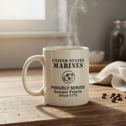 Personalized Minimalist US Marines White Mug - Custom "Proudly Served" Stencil Cup - Semper Fidelis Veteran Gift