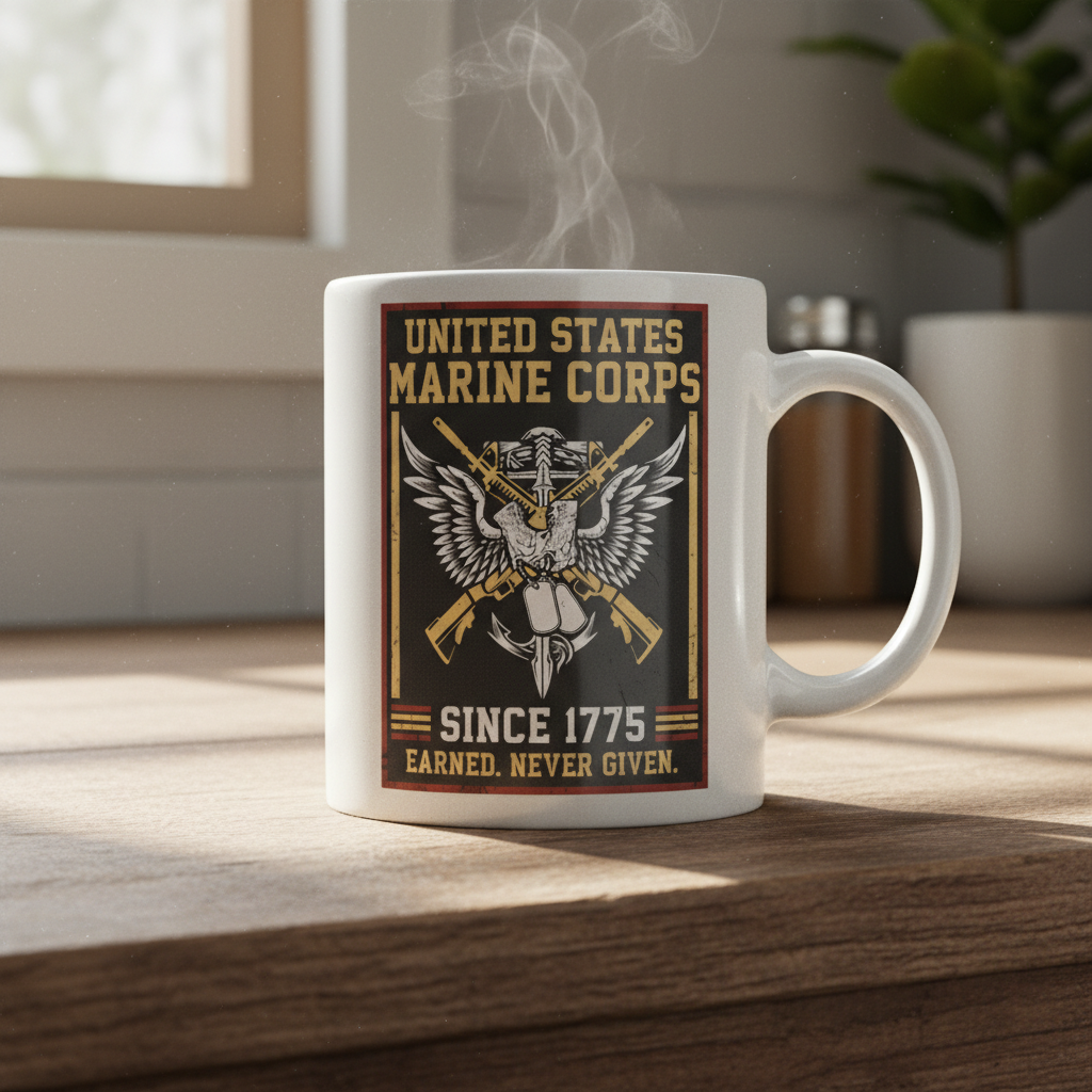 Personalized USMC Rifles & Dog Tags Mug - Custom "Earned Never Given" Marine Cup - Veteran Gift
