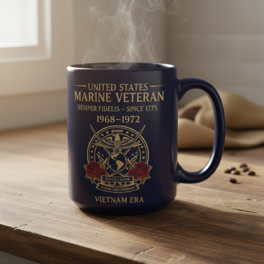 Personalized US Marine Veteran Blue Mug - Custom Vietnam Era Crossed Swords & Roses Coffee Cup
