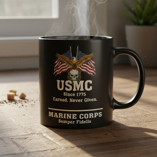 Personalized USMC Skull & Flags Black Mug - Custom "Earned Never Given" Marine Cup - Badass Veteran Gift