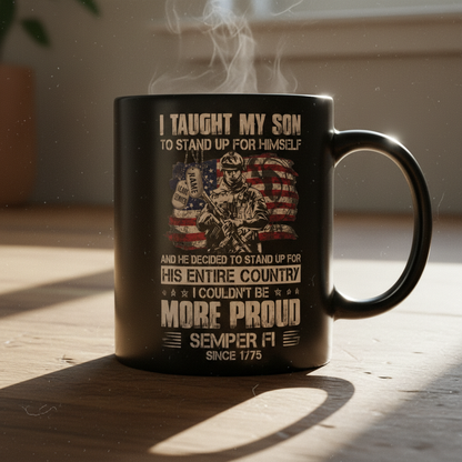 Personalized Proud Marine Parent Mug - Custom Name Dog Tags "I Taught My Son" Cup - Military Family Gift