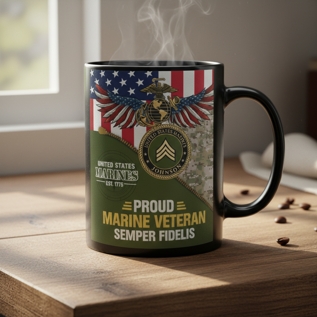 Personalized USMC Unzipped Camo Mug - Custom Name & Rank Marine Patch Cup - Proud Veteran Flag Gift