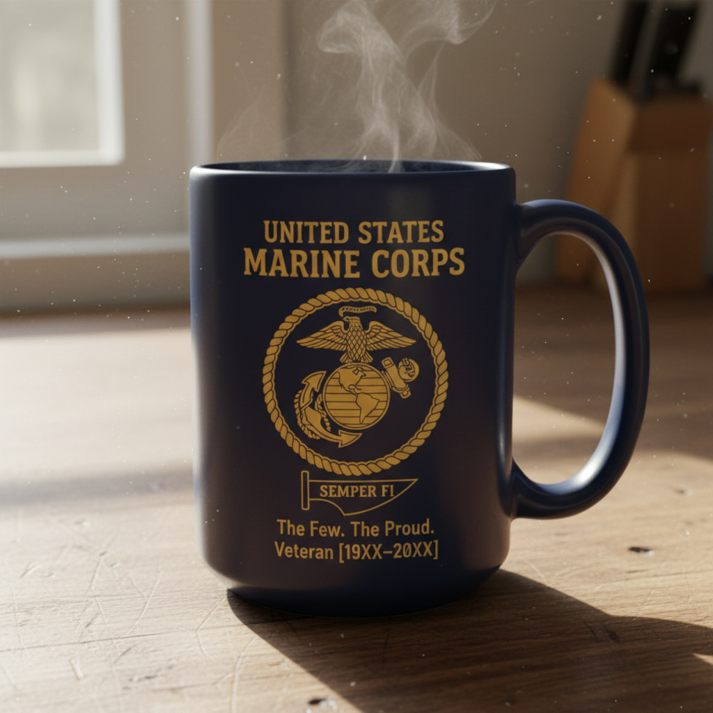 Personalized USMC Semper Fi Pennant Mug - Custom Service Years Marine Cup - The Few The Proud Veteran Gift