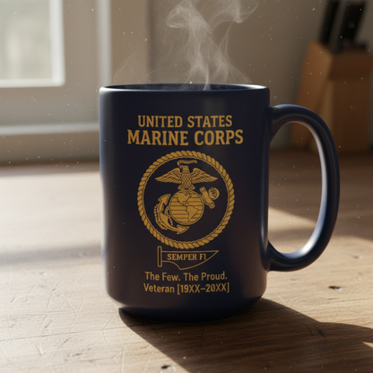 Personalized USMC Semper Fi Pennant Mug - Custom Service Years Marine Cup - The Few The Proud Veteran Gift