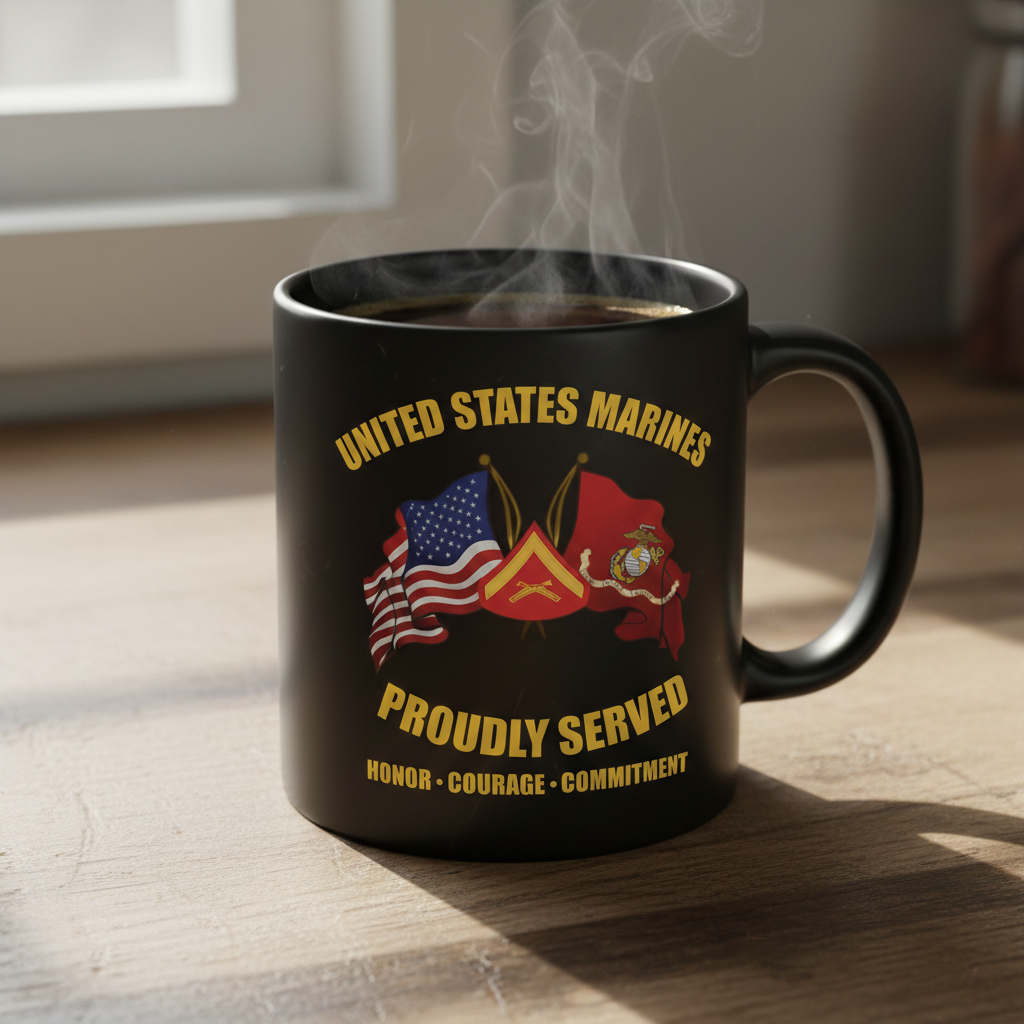 Personalized USMC Crossed Flags Mug - Custom Rank & Core Values Marine Cup - America 250 Veteran Gift
