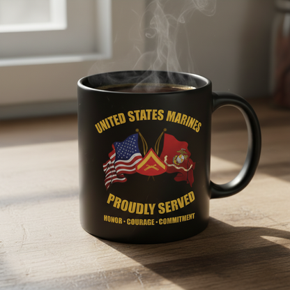 Personalized USMC Crossed Flags Mug - Custom Rank & Core Values Marine Cup - America 250 Veteran Gift