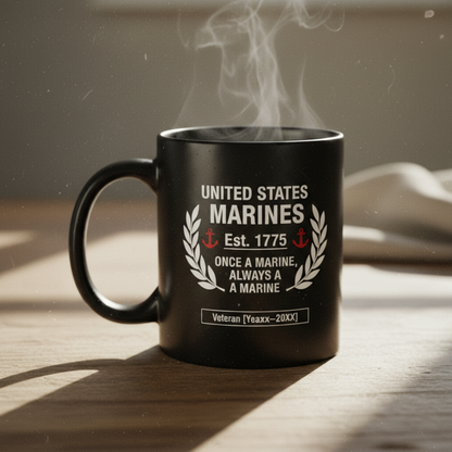 Personalized USMC Laurel Wreath Mug - Custom Service Years Marine Cup - "Always A Marine" Veteran Gift