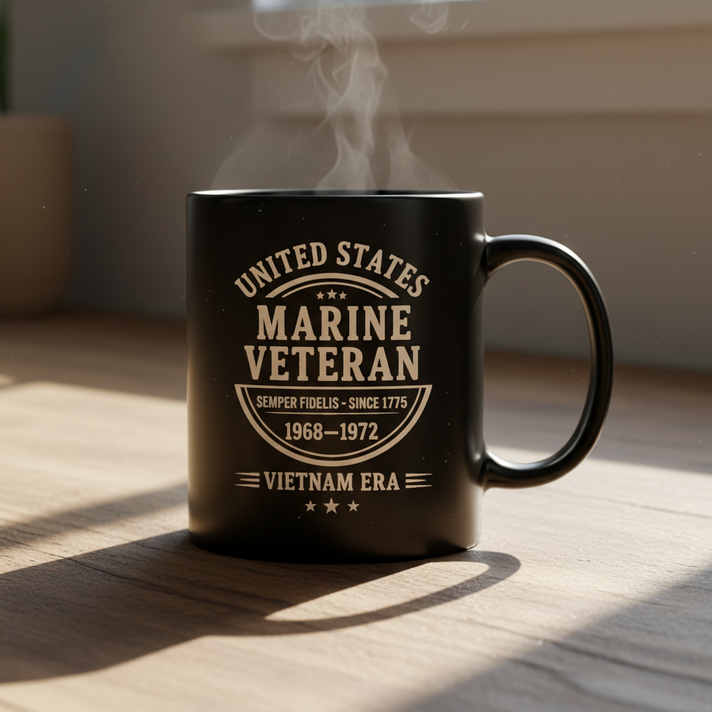 Personalized US Marine Veteran Typography Mug - Custom Service Years Era Cup - Vintage Military Badge Gift