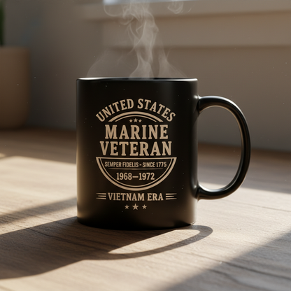 Personalized US Marine Veteran Typography Mug - Custom Service Years Era Cup - Vintage Military Badge Gift