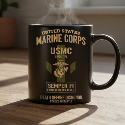 Personalized USMC "Death Before Dishonor" Black Mug - Custom Tactical Marine Veteran Cup - Forged In Battle Gift