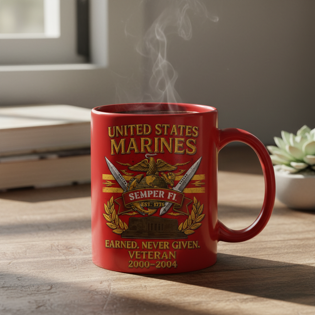 Personalized USMC Crossed Swords Red Mug - Custom Name & Years Marine Veteran Cup - "Earned Never Given" Gift